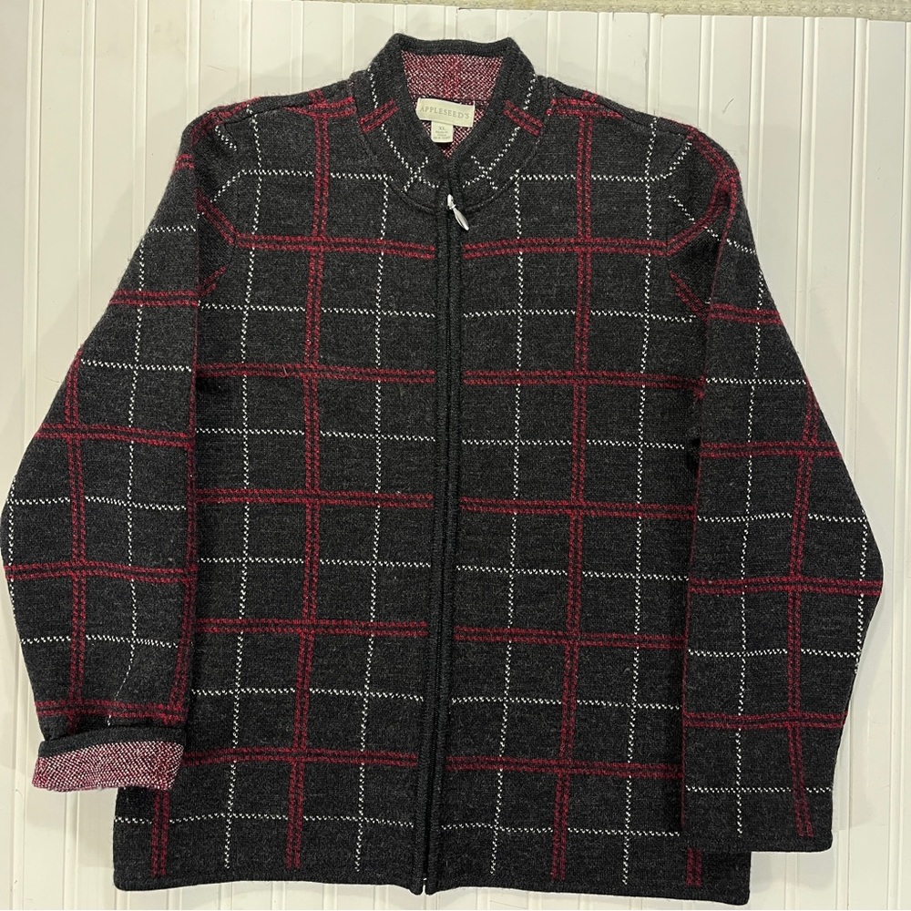 Appleseed's Wool Charcoal and Red Plaid Sweater Size XL